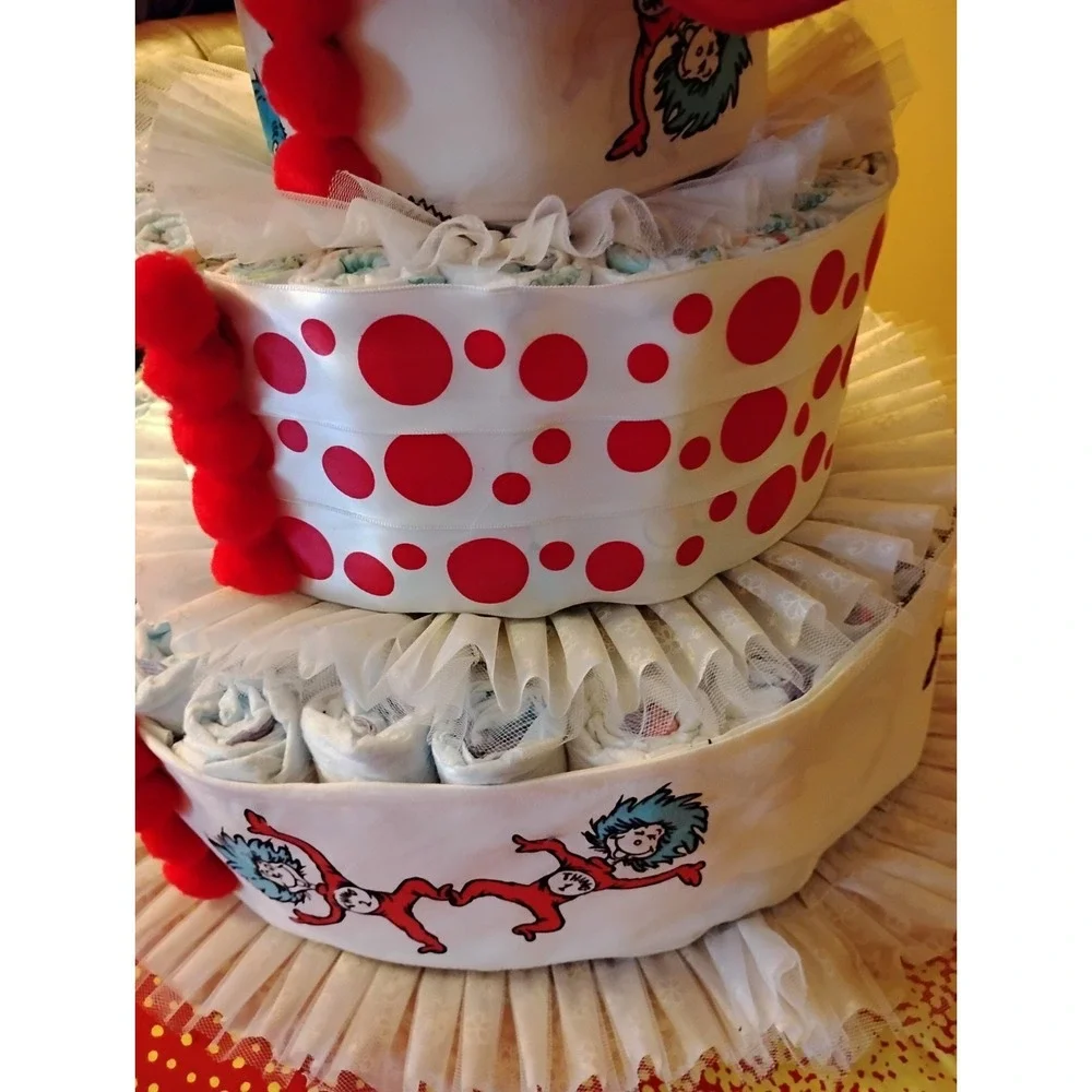 Cat in The Hat Thing 1 2 Dr Seuss Diaper Cake 3 Tier Cloth 5x Baby Shower Table